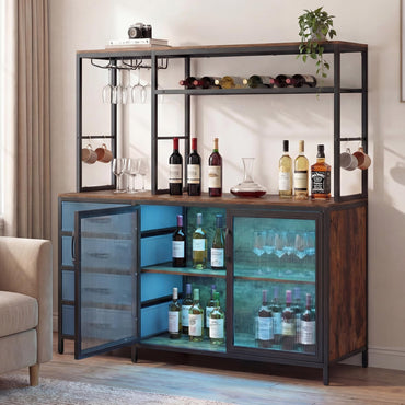Goflame Tall Wine Bar Cabinet with LED Lights for Kitchen