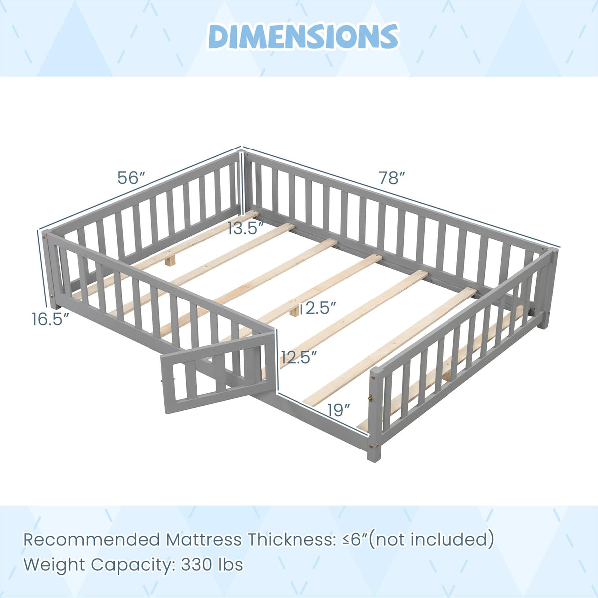 Goflame Full Size Floor Bed for Kids, Montessori Floor Bed with Wood Slats & Safety Guardrails
