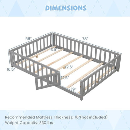 Goflame Full Size Floor Bed for Kids, Montessori Floor Bed with Wood Slats & Safety Guardrails