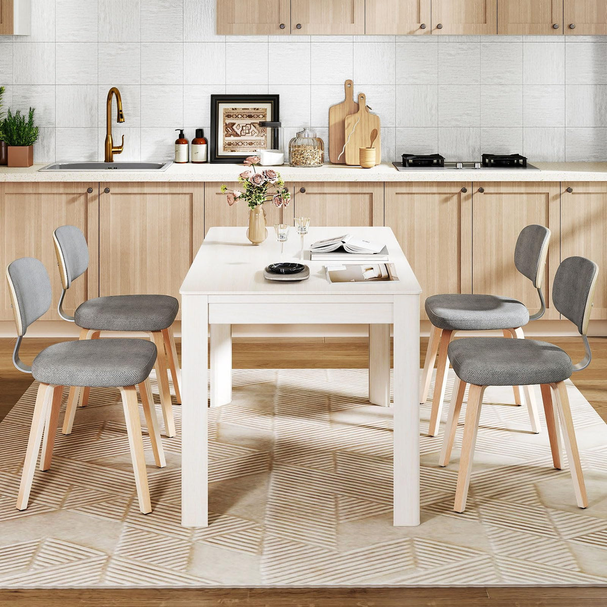 Goflame Wooden Dining Chairs Set of 2/4 Fabric Upholstered Kitchen Chairs
