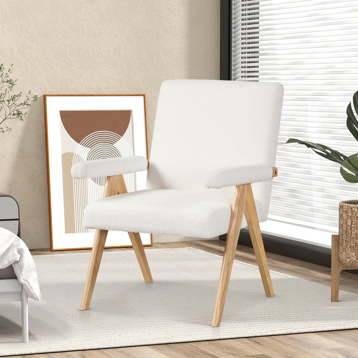 Goflame Mid-Century Modern Accent Chair, Sherpa Fabric Reading Chair with Padded Armrests