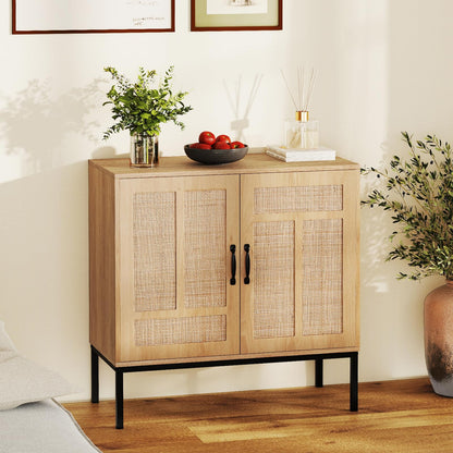 Goflame Sideboard Cabinet Boho Rattan Buffet Cabinet with Storage Adjustable Shelves 2 Doors
