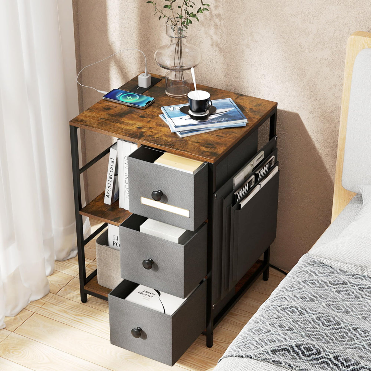 Goflame Industrial Nightstand with Charging Station - End Side Table w/3 Fabric Drawers