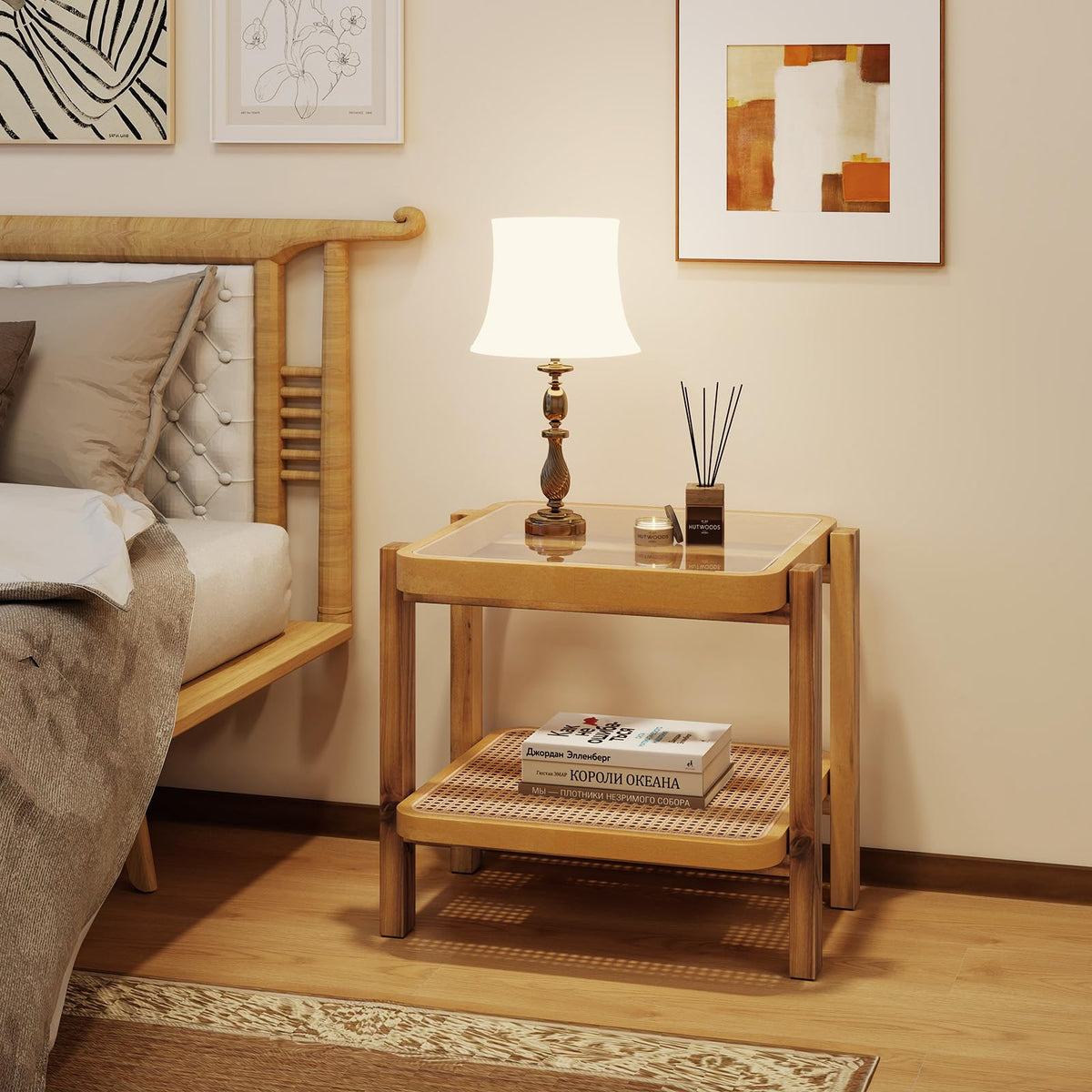 Goflame Rattan Side Table, Boho End Table for Living Room, Narrow Bedside Table with Tempered Glass Top