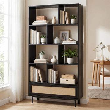 Goflame 64" Tall 6-Tier Wood Bookshelf with Rattan Drawer