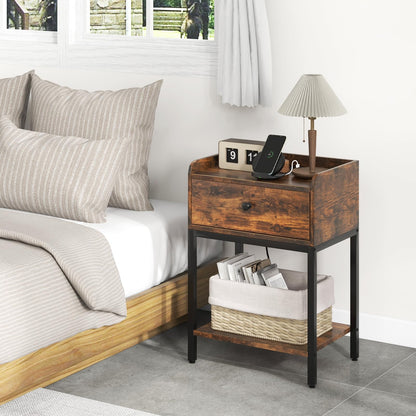 Goflame Nightstand with Charging Station, Industrial Bedside Table with Storage Drawer & Open Shelf