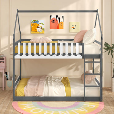 Goflame Bunk Bed Twin Over Twin, Wood House Low Bunk Bed with Ladder & Fence Safety Guardrail