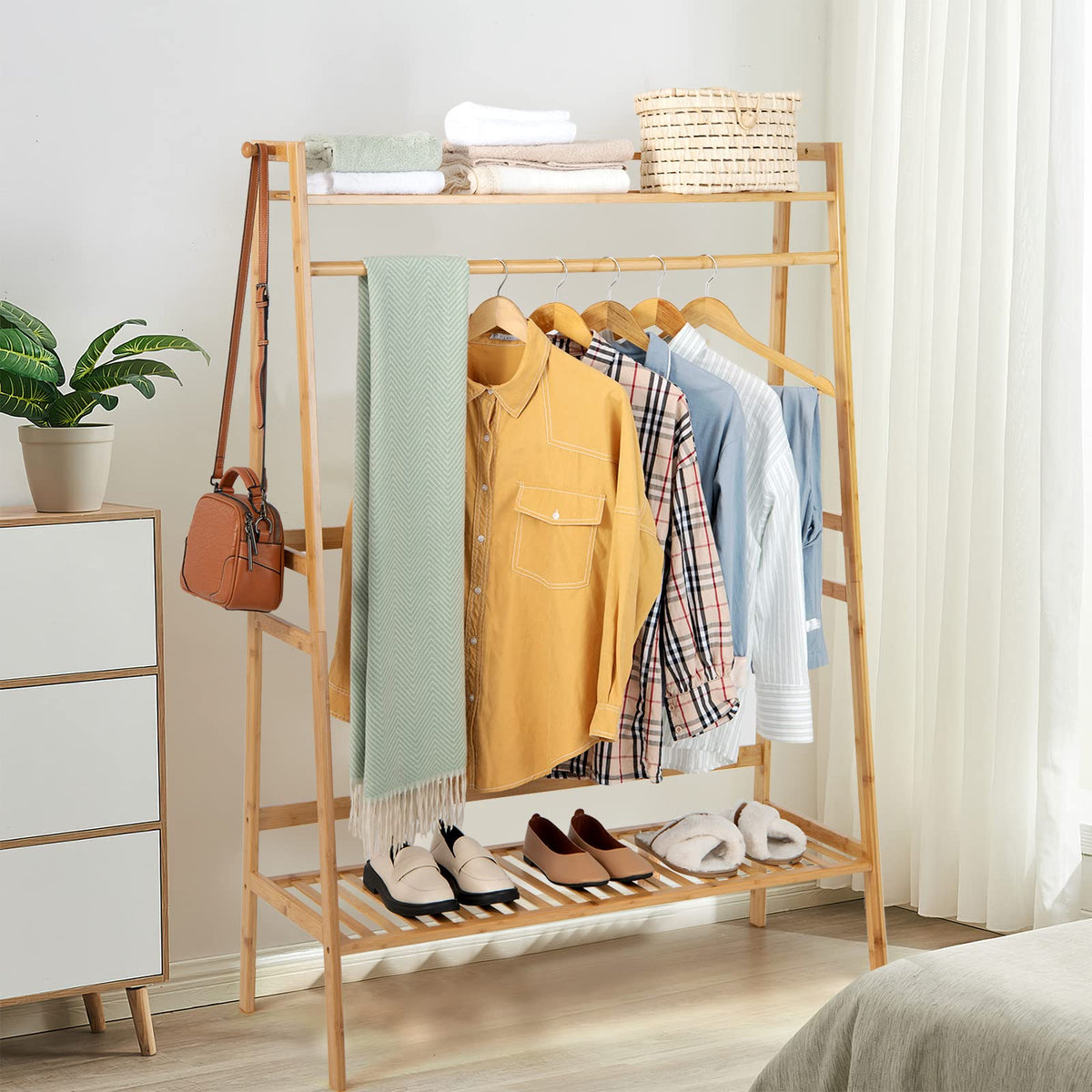 Goflame 3 Tier Bamboo Clothing Rack with Shelves, Heavy Duty Freestanding Clothes Organizer Rack with Coat Hooks