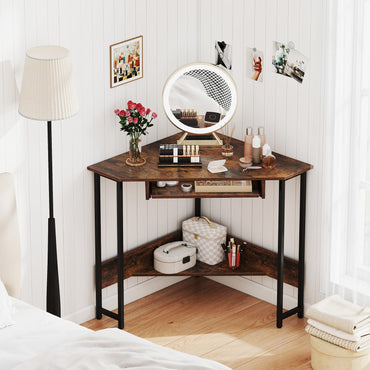 Goflame Small Corner Desk with Charging Station with Keyboard Tray & Storage Shelf