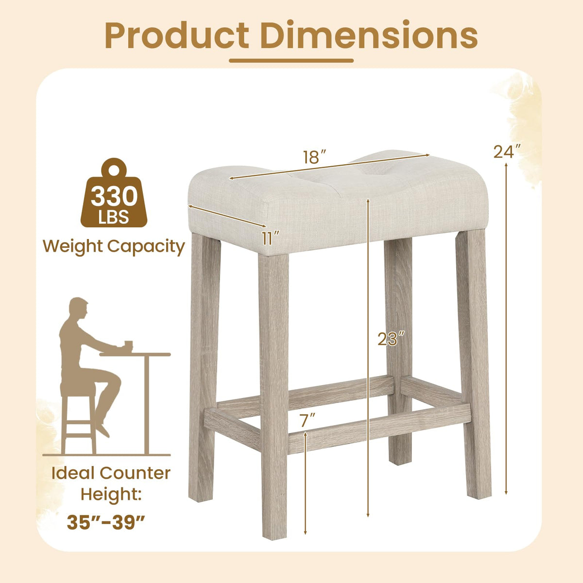 Goflame 24" Bar Stools Set of 2/4, Upholstered Counter Height Saddle Bar Stools