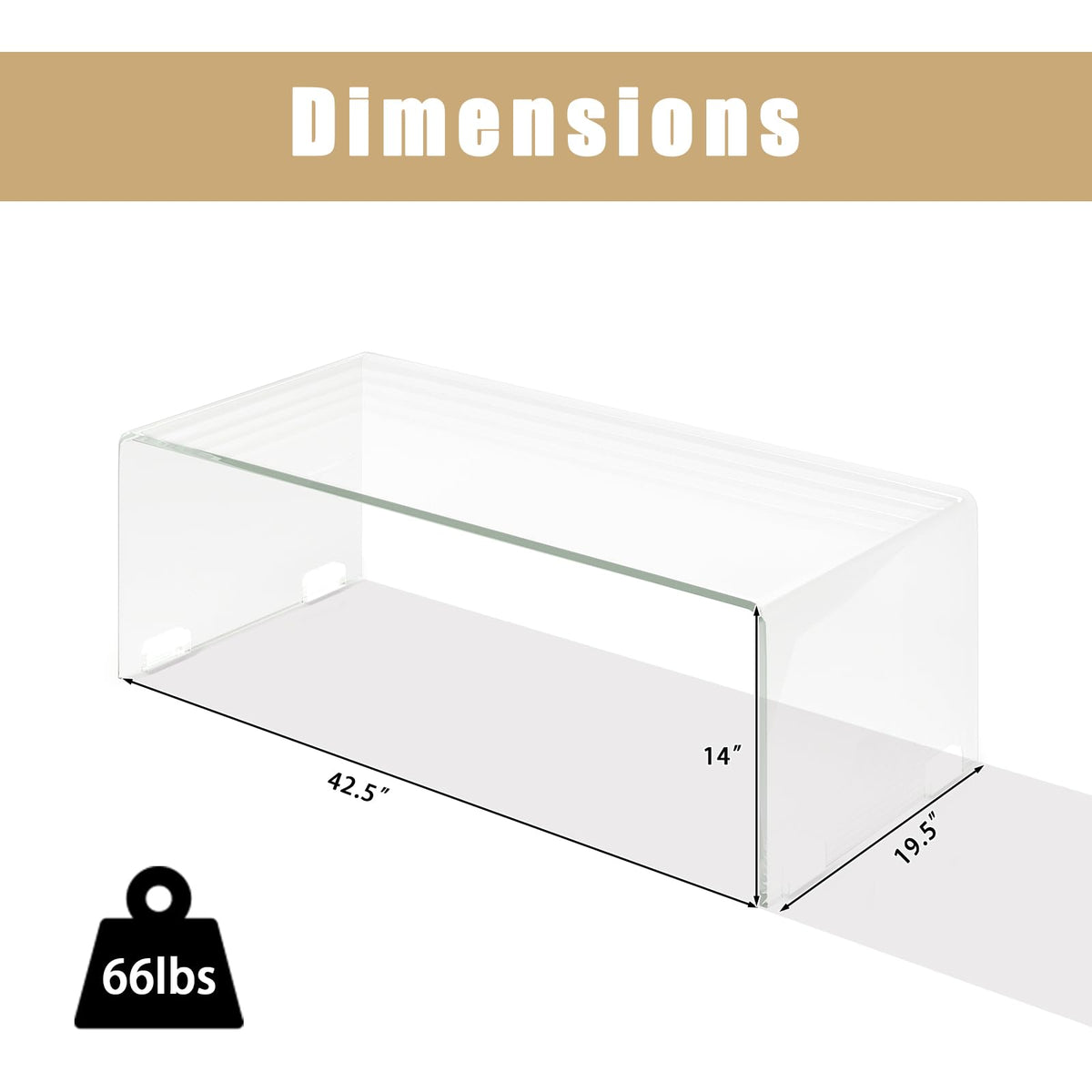 Goflame 42 x 19.7 Inch Clear Tempered Glass Coffee Table with Rounded Edges