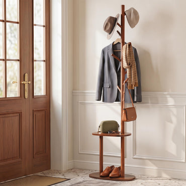 Goflame 70" Solid Wood Clothing Rack with 8 Hooks and 2 Storage Shelves