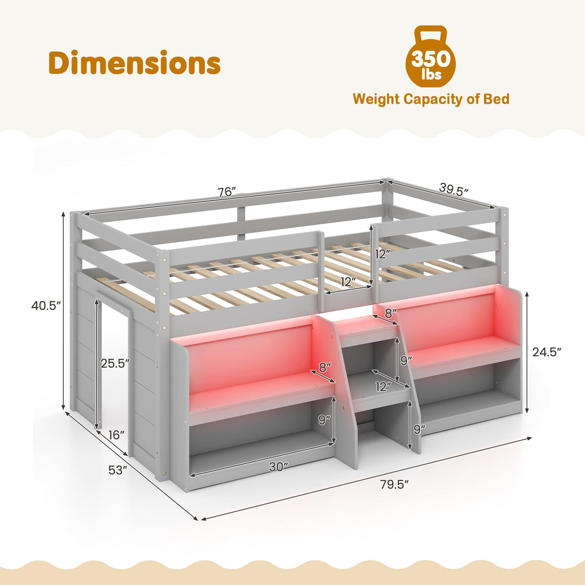 Goflame Low Loft Bed with LED Lights, Wooden Twin Loft Bed with Stairs & Safety Guardrail