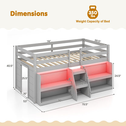 Goflame Low Loft Bed with LED Lights, Wooden Twin Loft Bed with Stairs & Safety Guardrail
