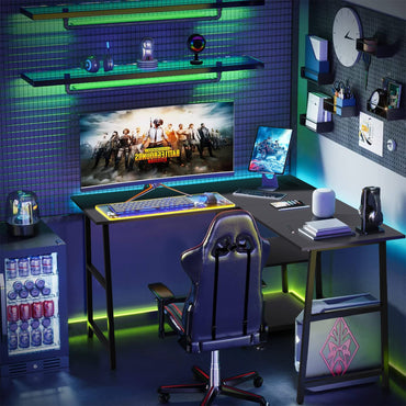 Goflame L Shaped Desk with Power Outlets & USB Ports, 48" Corner Gaming Desk with 2 Tier Storage Shelves