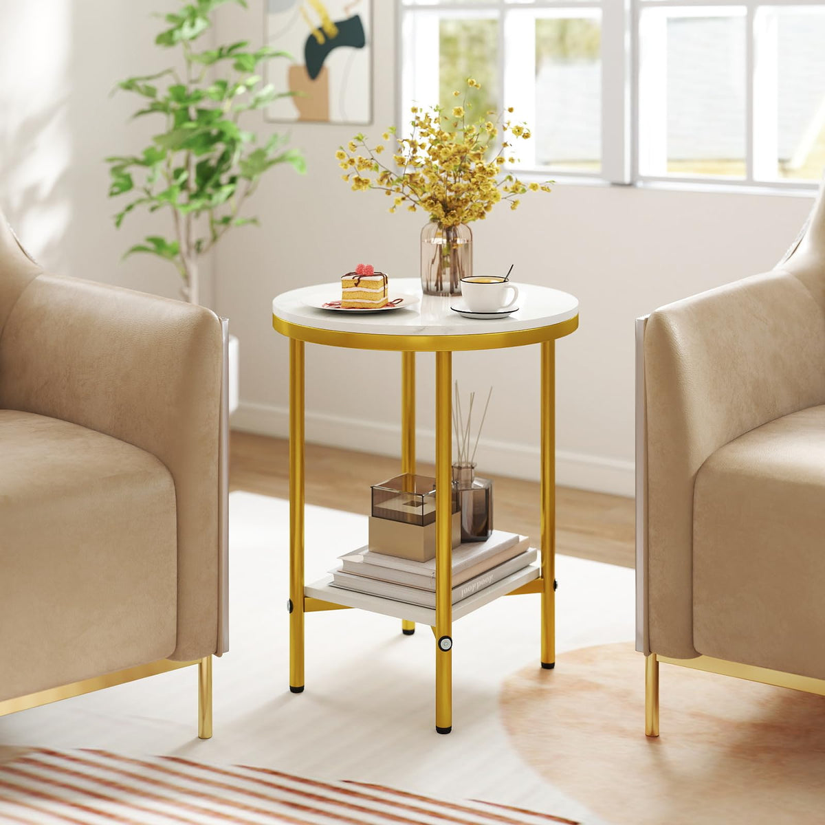 Goflame Round Side Table 2-Tier Faux Marble Sofa Side Coffee Table w/Gold Frame & Open Shelf