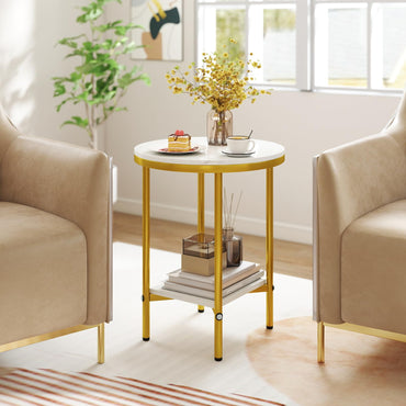 Goflame Round Side Table 2-Tier Faux Marble Sofa Side Coffee Table w/Gold Frame & Open Shelf