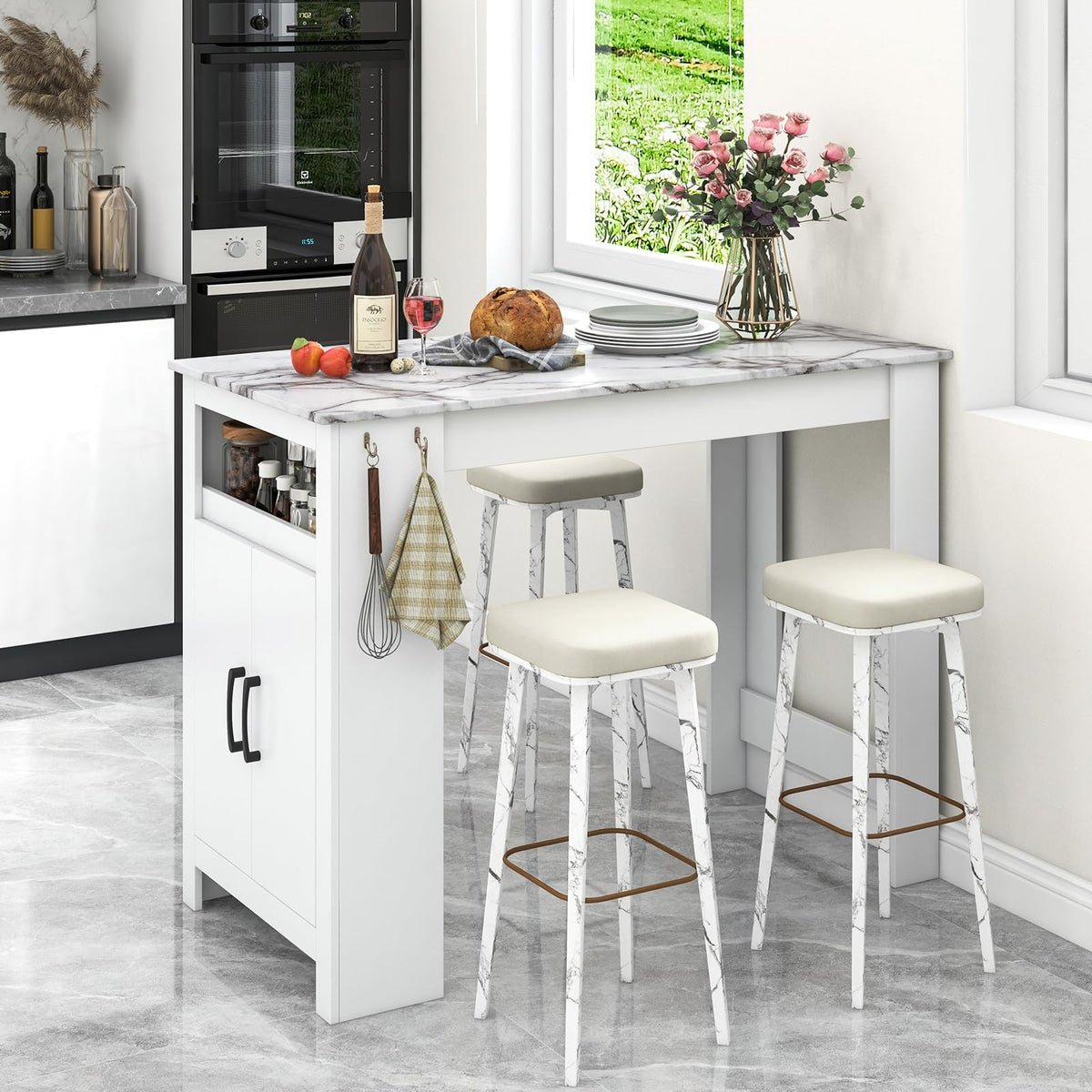 Goflame Bar Table, 47” Counter Height Dining Table with 7 Hanging Hooks, Compartment, Cabinet & Adjustable Shelf