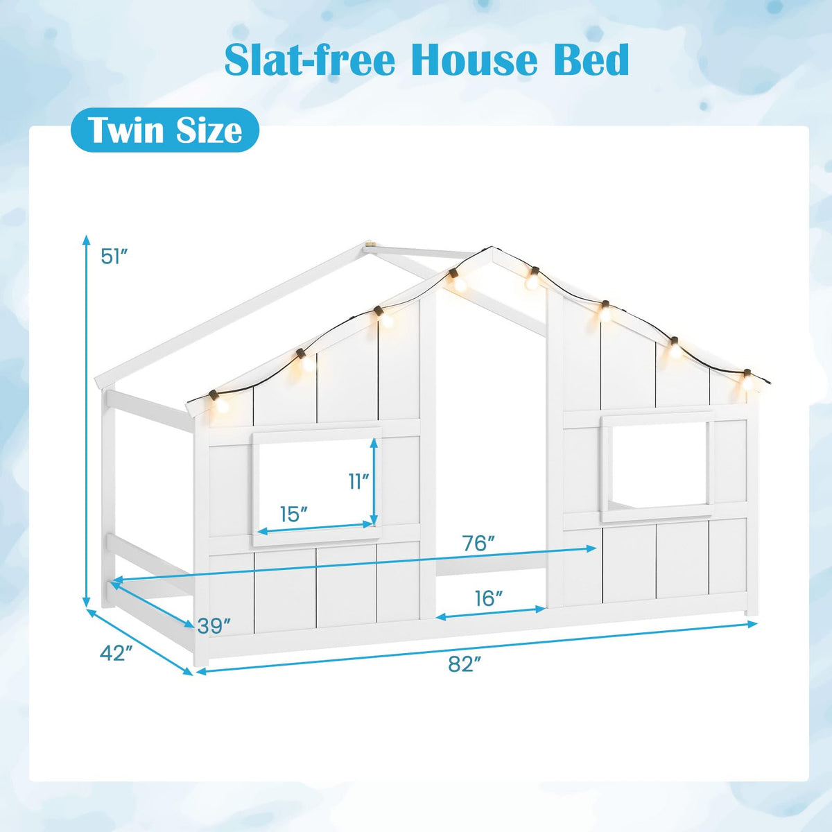 Goflame Twin Kids House Bed with Light Bulbs Wooden Montessori Floor Bed Frame with Roof & Windows