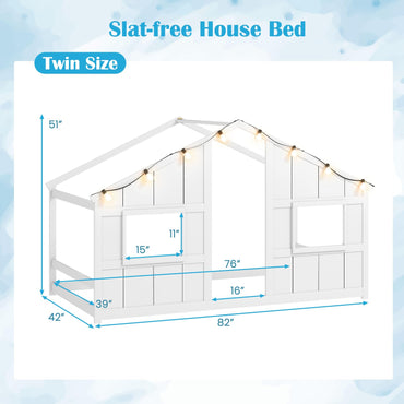 Goflame Twin Kids House Bed with Light Bulbs Wooden Montessori Floor Bed Frame with Roof & Windows