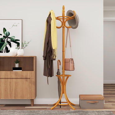 Goflame Solid Wood Coat Rack, Freestanding Hall Tree w/12 Hooks, Umbrella Holder, Entryway Hanger Stand for Coat