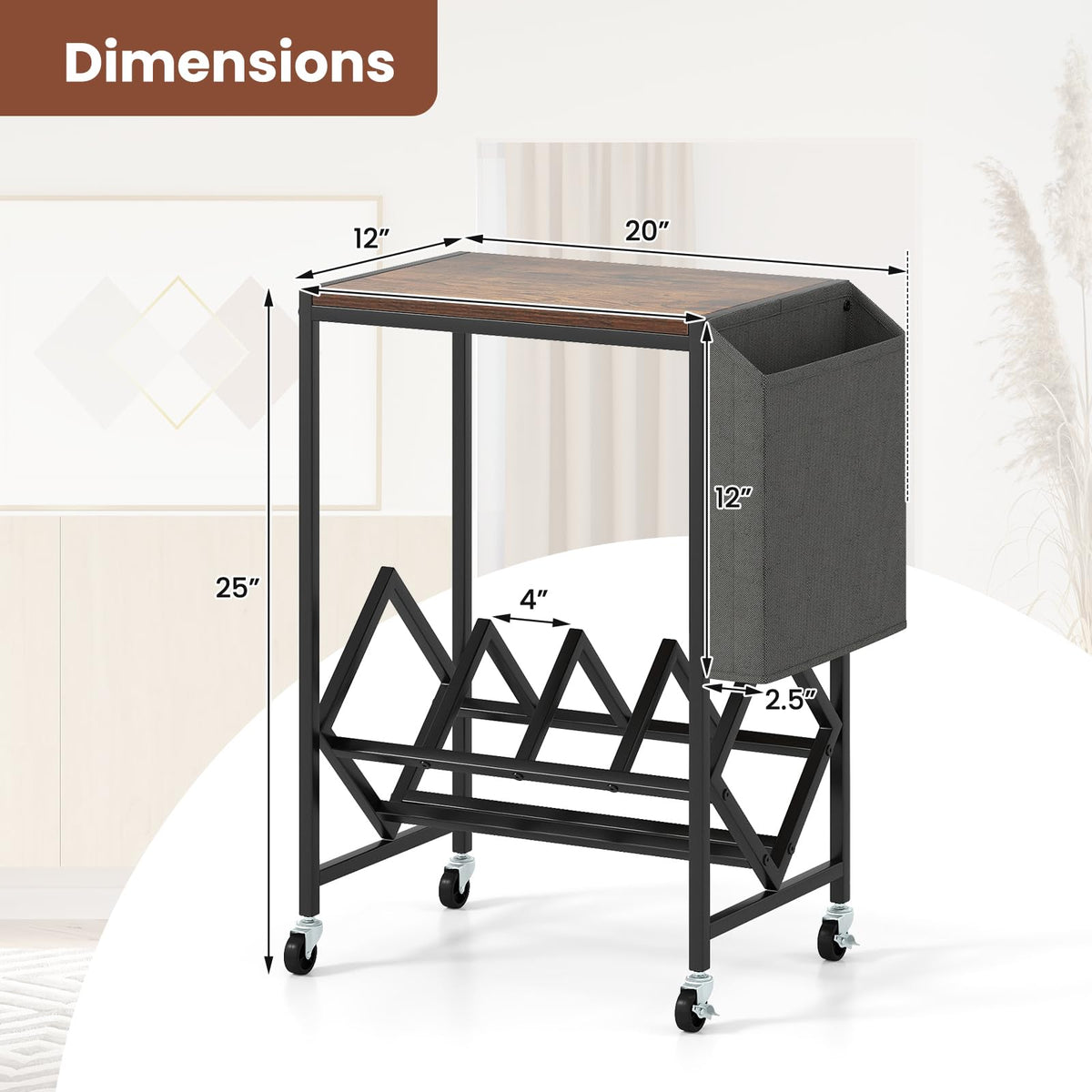 Goflame Rolling Record Player Stand 2-Tier with Vinyl Storage and Magazine Holder Bag