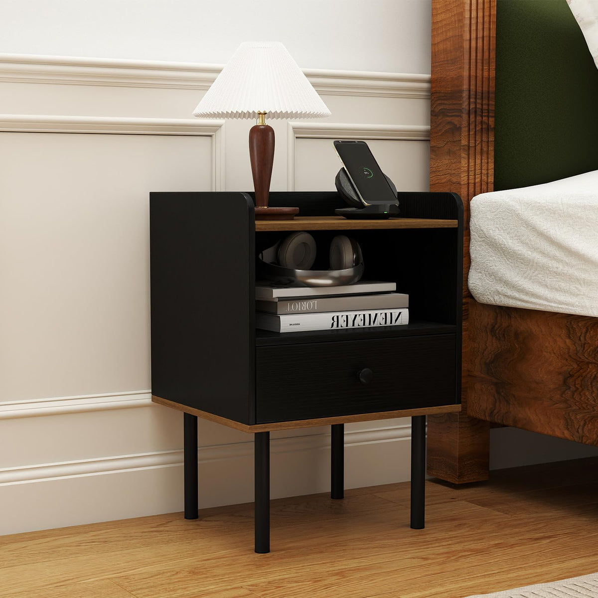 Goflame Wood Night Stand with Drawer - Mid Century Modern Bedside Table