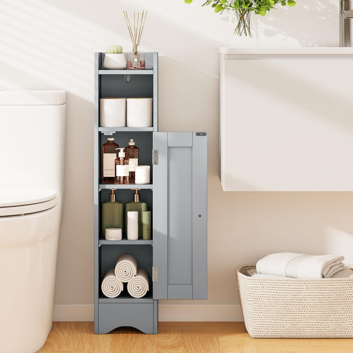 Goflame Small Bathroom Storage Cabinet Corner Floor Cabinet with Door & Adjustable Shelves