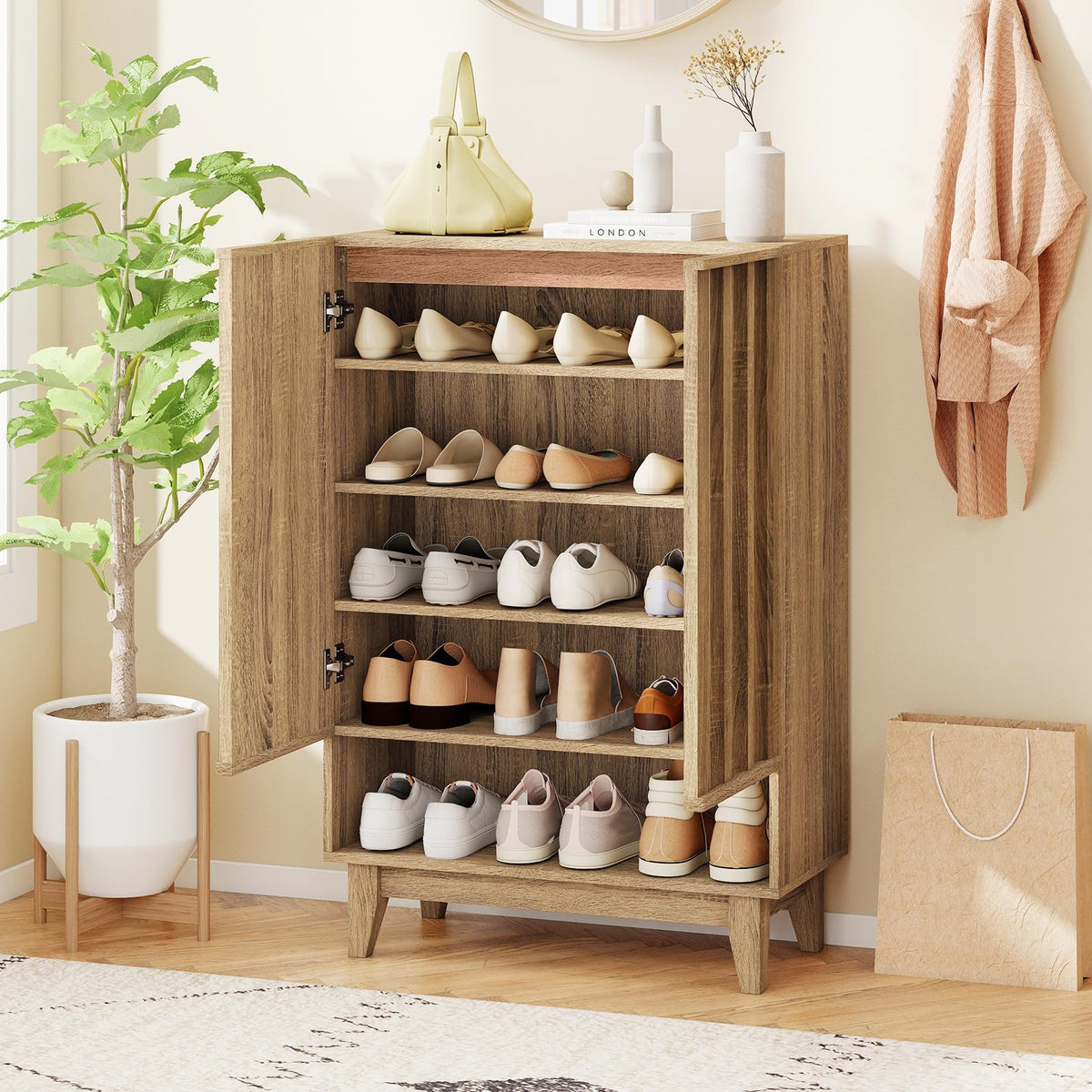Goflame Wooden Shoe Cabinet with 2 Fluted Doors