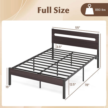 Goflame Full Size LED Bed Frame with Charging Station Rustic Metal Platform Bed