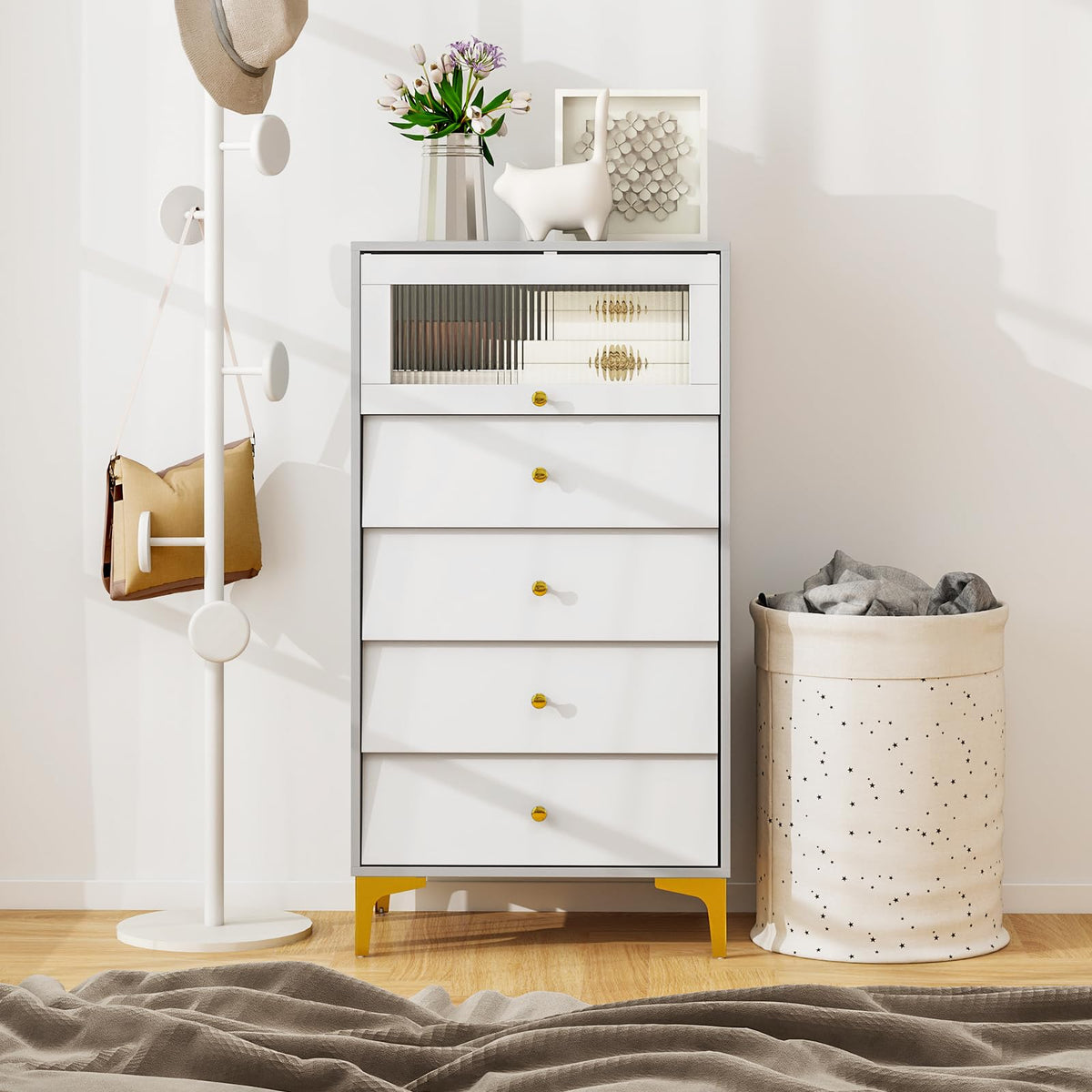 Goflame 4-Drawer Dresser with Flip Up Fluted Glass Door