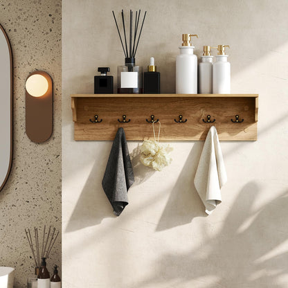 Goflame Wall-Mounted Storage Shelf | 31.5" Wooden Hanging Coat Rack with 6 Hooks