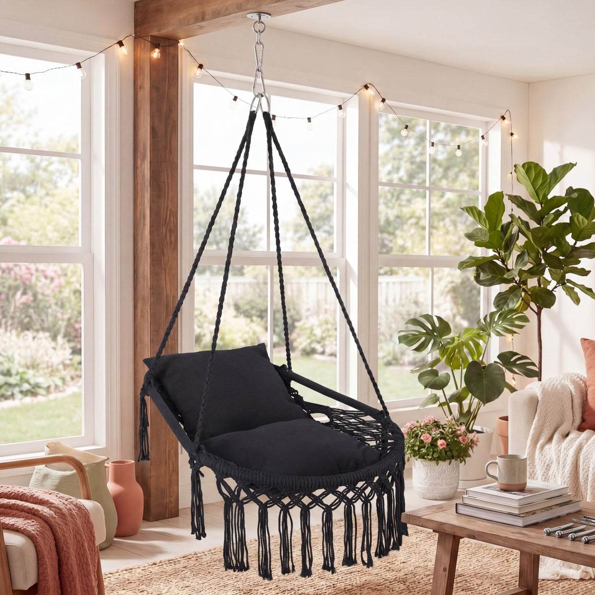 Goflame Macrame Hammock Chair w/Removable Cushions & Sturdy Metal Ring