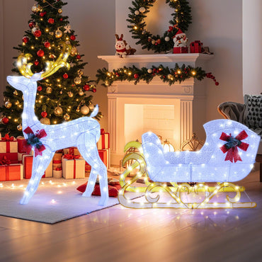 Goflame Lighted Christmas Reindeer and Sleigh w/ 215 LED Lights