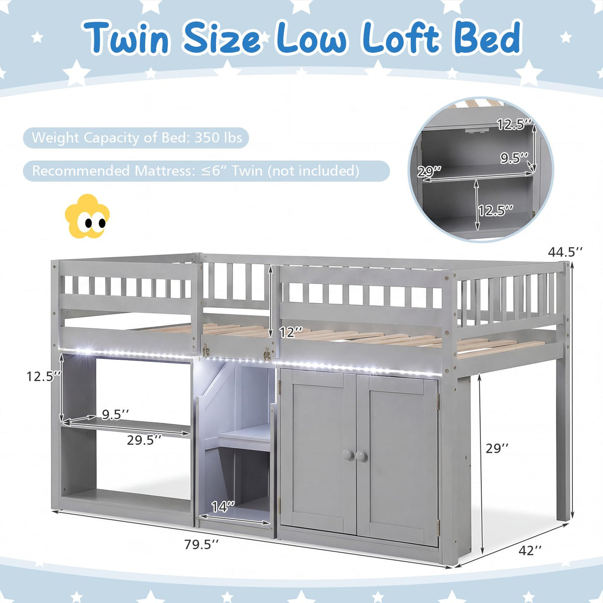 Goflame Low Loft Bed Twin Size with LED Lights, Wooden Bed Frame