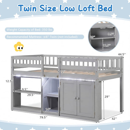 Goflame Low Loft Bed Twin Size with LED Lights, Wooden Bed Frame