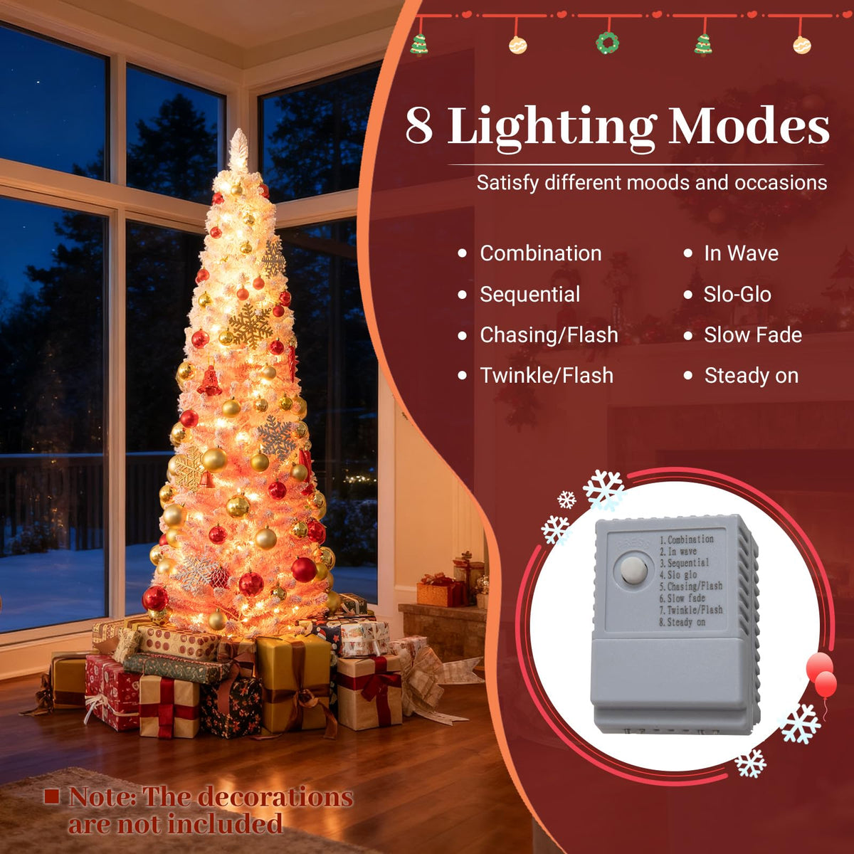 Goflame 6ft / 7ft Pink Slim Pencil Christmas Tree | Pre-lit Snow Flocked Artificial Skinny Xmas Tree