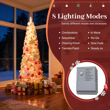 Goflame 6ft / 7ft Pink Slim Pencil Christmas Tree | Pre-lit Snow Flocked Artificial Skinny Xmas Tree