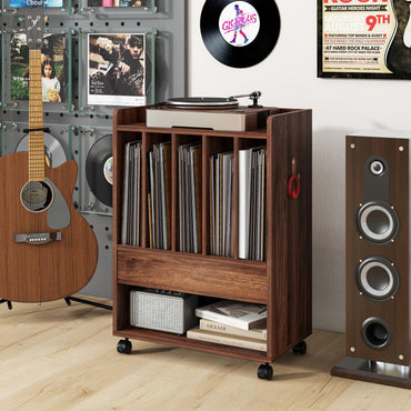 Goflame Record Player Stand, Rolling Turntable Stand with Drawer, Hook & Lockable Wheels