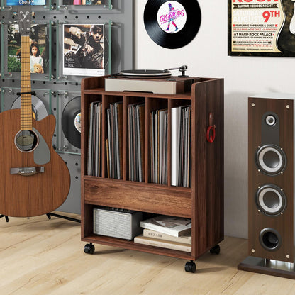 Goflame Record Player Stand, Rolling Turntable Stand with Drawer, Hook & Lockable Wheels