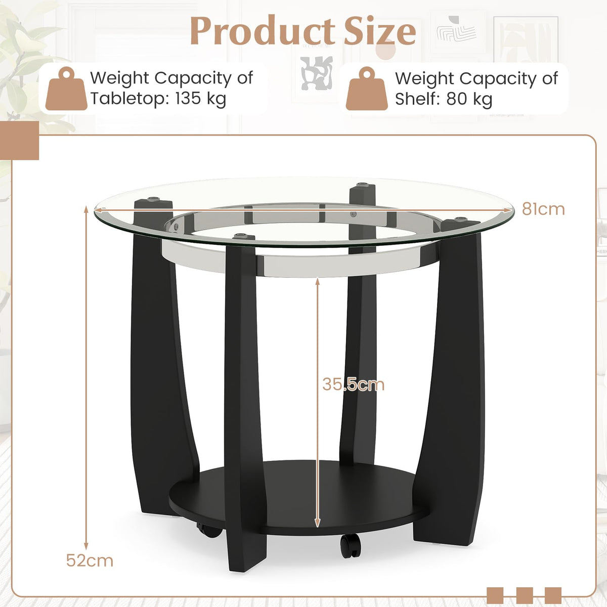Goflame Round Glass Coffee Table 32" Rolling Center Tables with Wheels