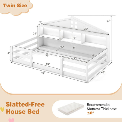 Goflame Montessori Floor Bed with LED Lights 2-in-1 Wooden House Bed Frame with Safety Guardrails