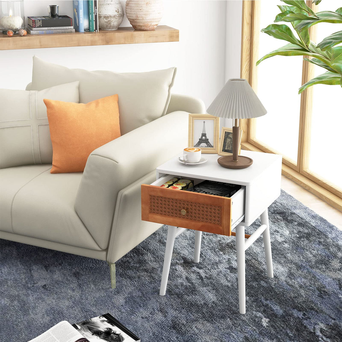 Goflame Rattan Nightstand, Boho End Side Table with Rattan Decorated Storage Drawer & Solid Wood Legs