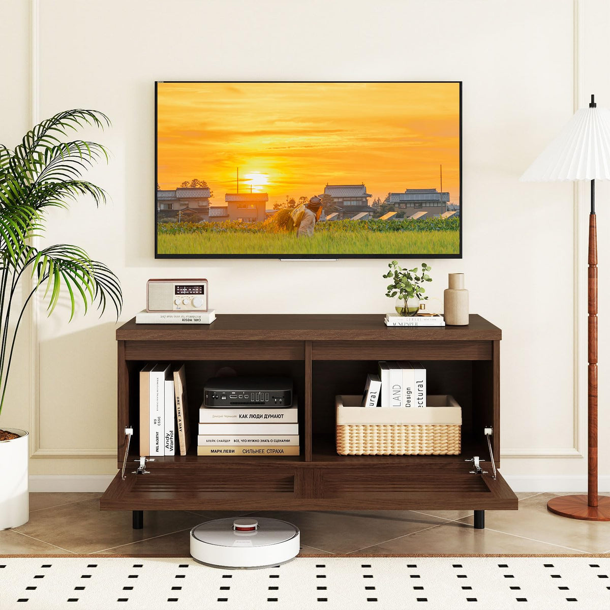 Goflame Mid Century Modern TV Stand for 40 Inch TV with 2 Hidden Compartments