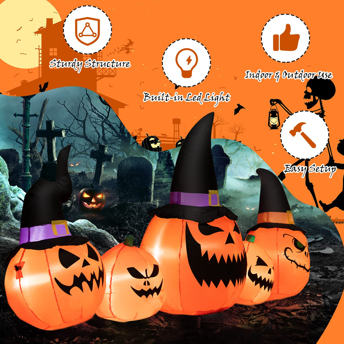 8 FT Long Halloween Inflatable Pumpkin Patch Family, 5 PCS Halloween Blow up Pumpkins with Built-in LED Lights & Blower