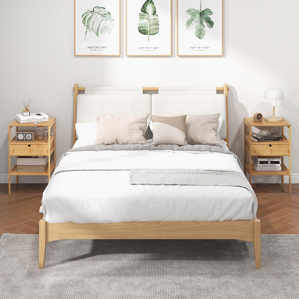Goflame Nightstand Set of 1/2, Bamboo End Table with Drawer and 2 Open Shelves