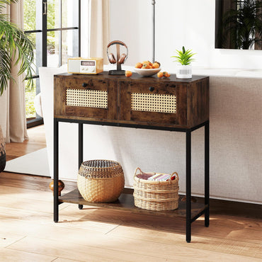 Goflame Rattan Console Table 32" Boho Entryway Table with 2 Drawers