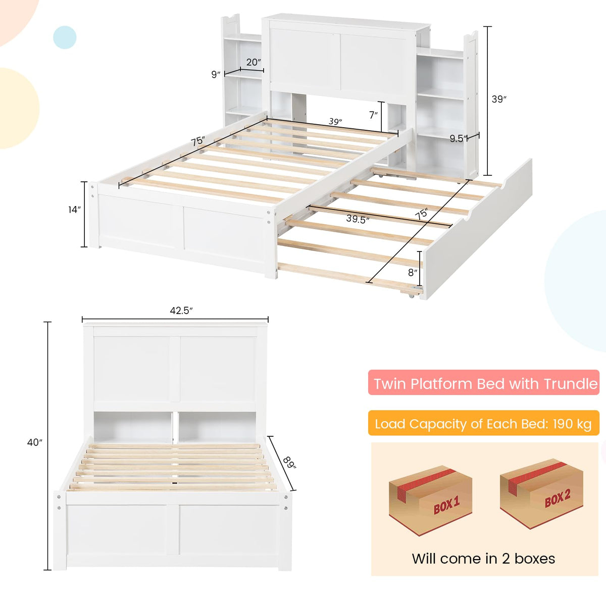 Goflame Full Bed Frame with Twin Trundle, Wooden Bed Wooden Bed Frame with 2 Rolling Bookcases & High Headboard