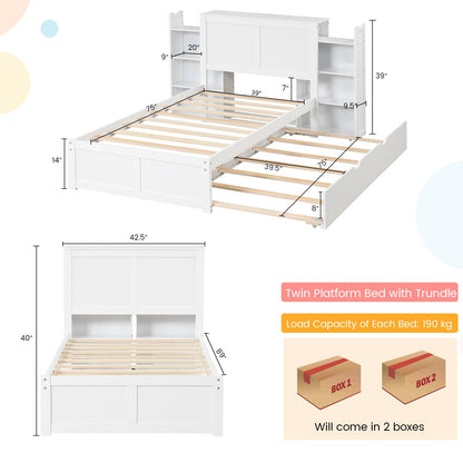 Goflame Full Bed Frame with Twin Trundle, Wooden Bed Wooden Bed Frame with 2 Rolling Bookcases & High Headboard