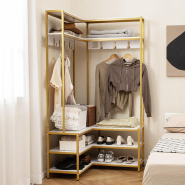 Goflame Corner Coat Rack with Shoe Bench, L-shaped Garment Rack with 5 Shelves & 7 Hooks